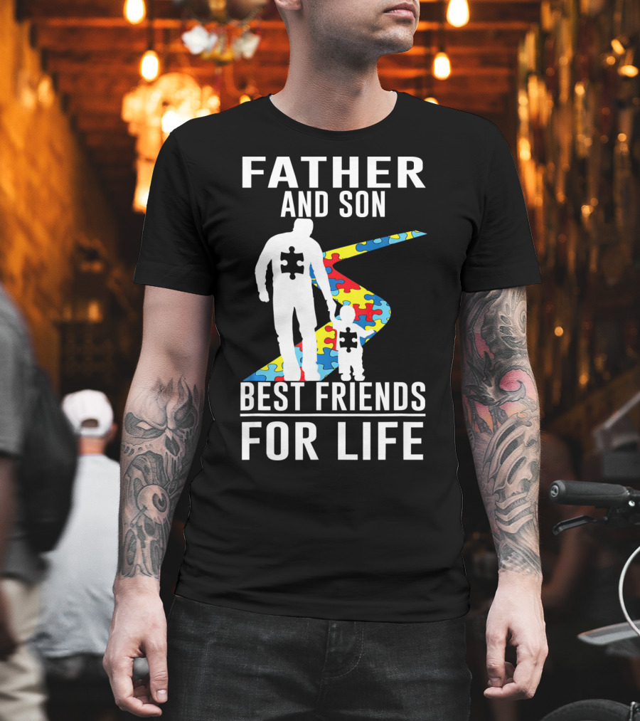 Father and Son Best Friends for Life Puzzle Piece Autism Awareness T-Shirt
