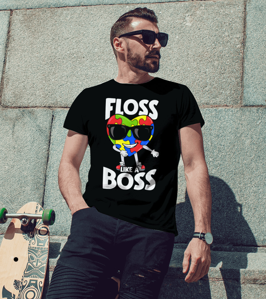 Floss Like A Boss Heart With Puzzle Autism T-Shirt