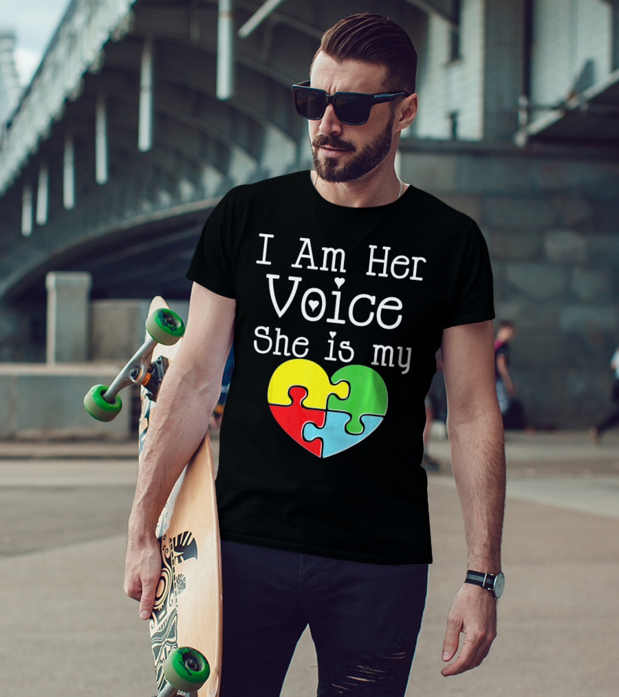 I Am Her Voice She Is My Heart Autism Puzzle Heart T-Shirt