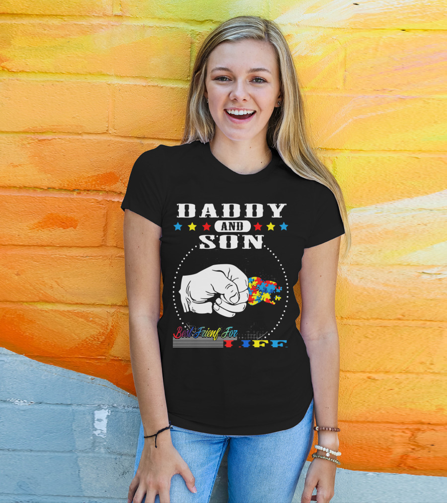 Daddy And Son Best Friends For Life Autism Awareness Puzzle Fist Bump T-Shirt