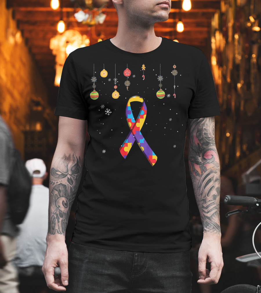 Autism Puzzle Ribbon With Christmas Ornaments And Snowflakes T-Shirt