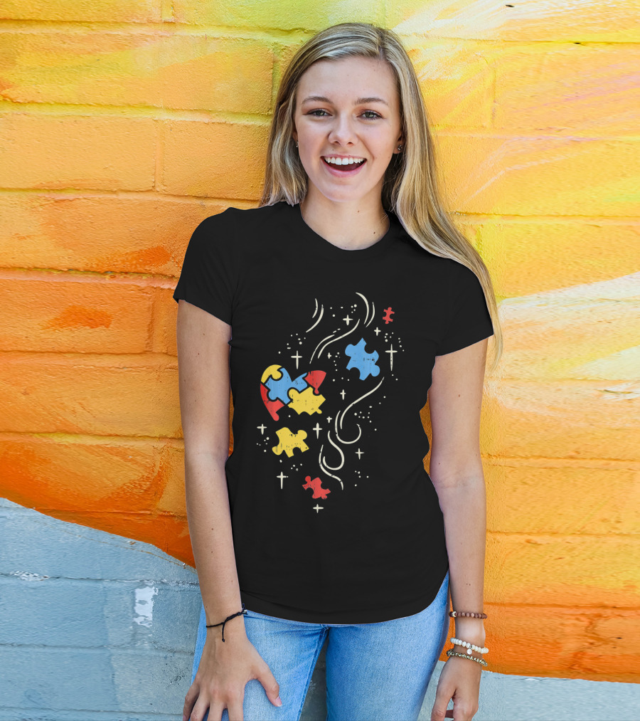 Autism Awareness Puzzle Ribbon Heart Crosses T-Shirt