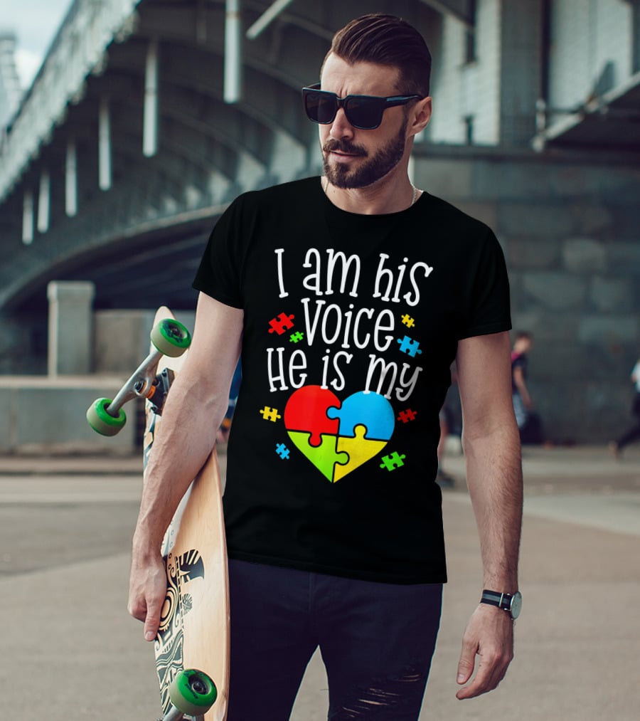 I Am His Voice He Is My Heart Autism Puzzle Pieces T-Shirt