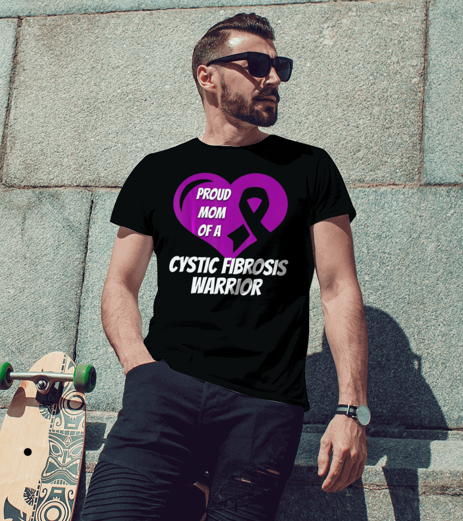 Proud Mom Of A Cystic Fibrosis Warrior Purple Ribbon Heart T-Shirt