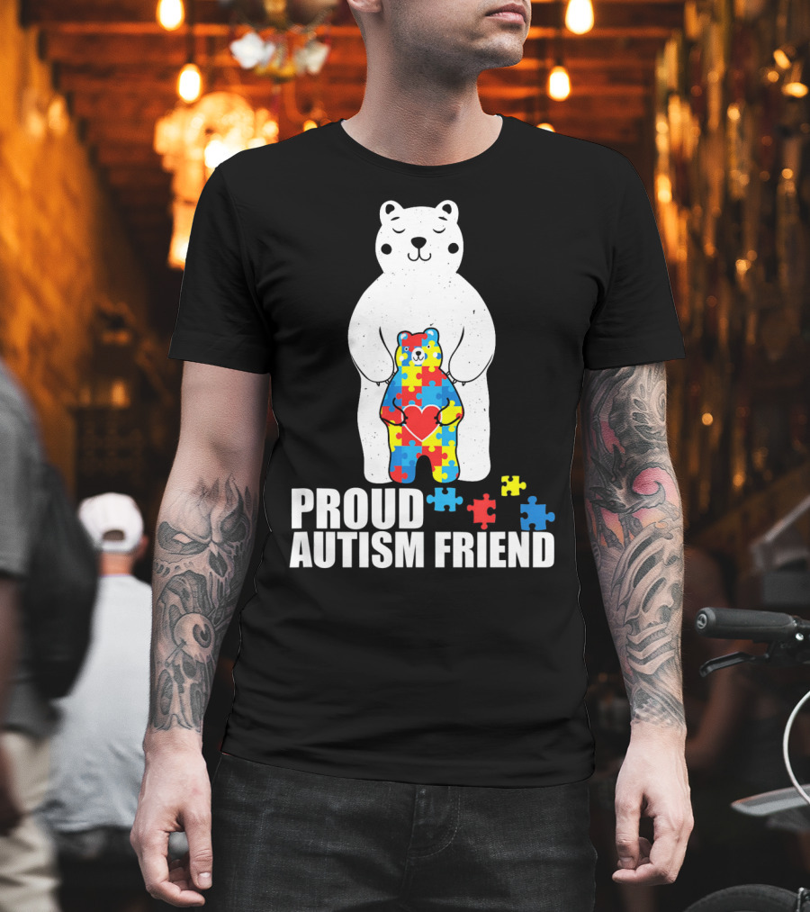 Proud Autism Friend Bear With Colorful Puzzle Pieces T-Shirt