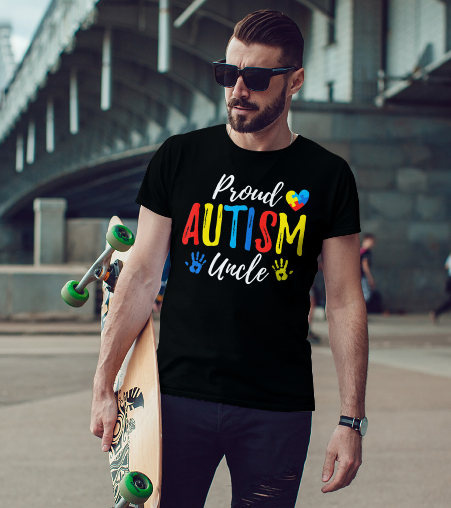 Proud Uncle Autism Awareness Heart Puzzle Handprints T-Shirt