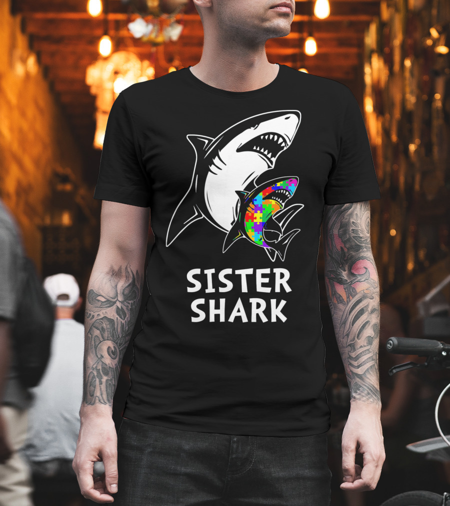 Sister Shark Autism Awareness Puzzle T-Shirt