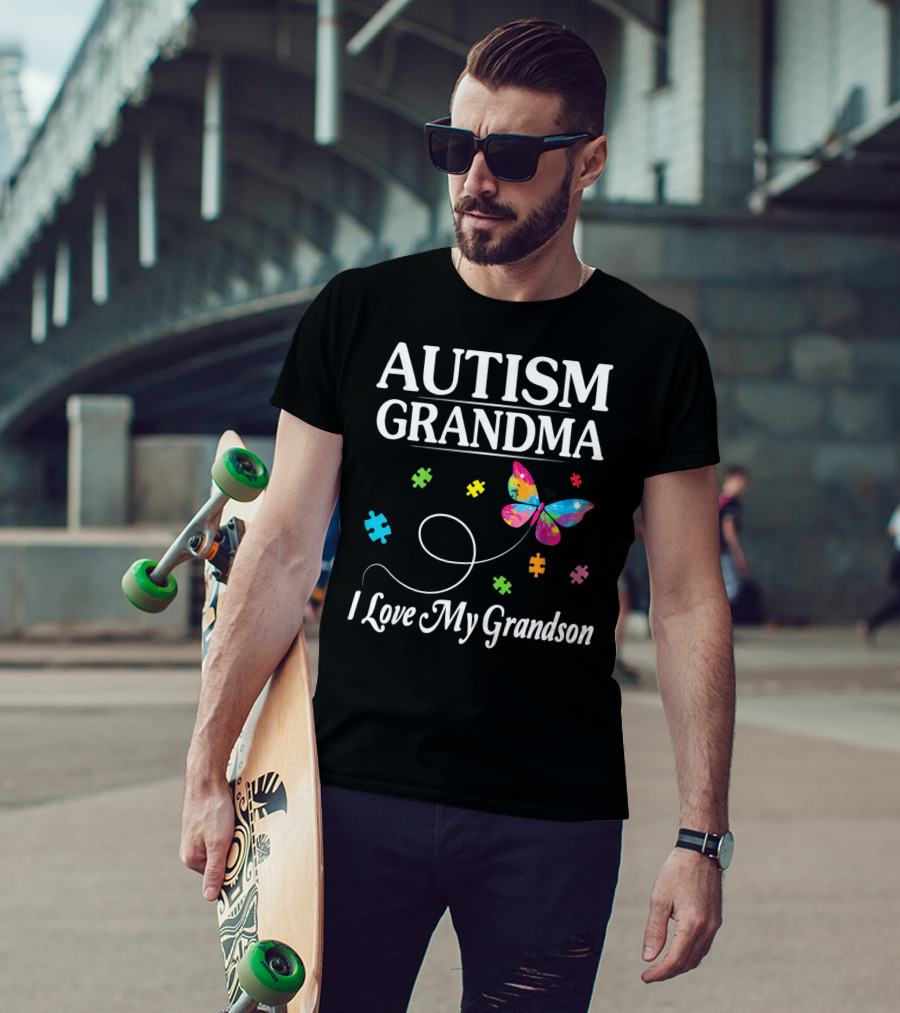 Autism Grandma I Love My Grandson Butterfly Puzzle Pieces T-Shirt