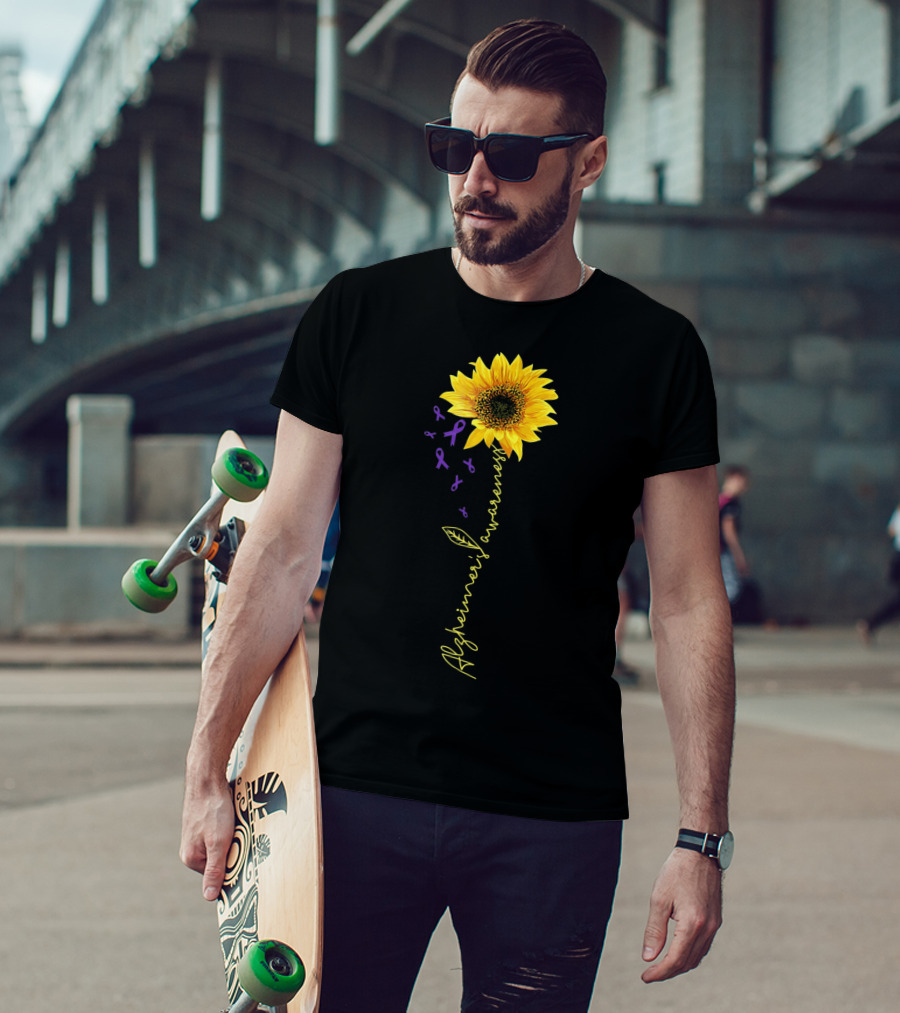 Sunflower Purple Ribbons Alzheimer's Awareness T-Shirt