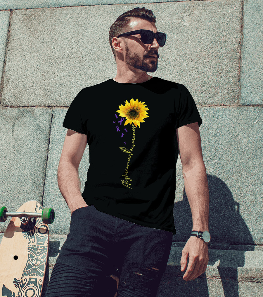 Sunflower Purple Ribbons Alzheimer's Awareness T-Shirt