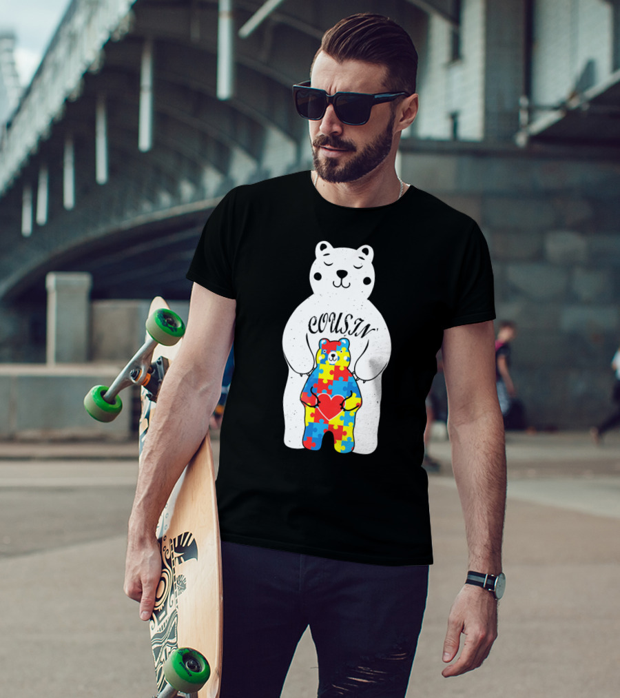 Cousin Bear Holding Autism Awareness Puzzle Heart ASD T-Shirt