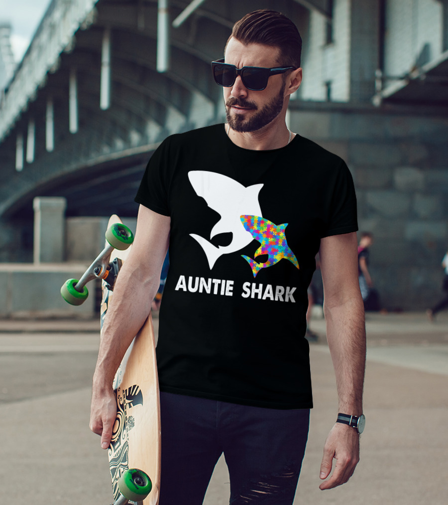 Auntie Shark Autism Puzzle Piece Warrior T-Shirt