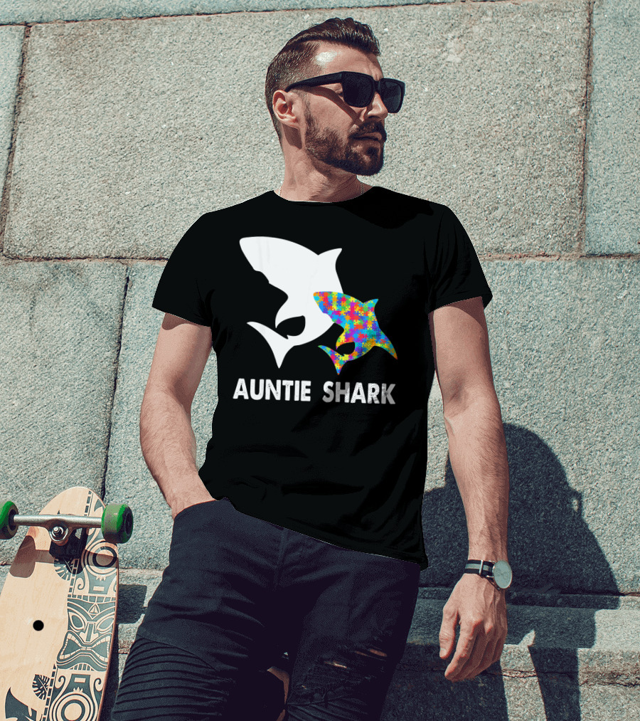 Auntie Shark Autism Puzzle Piece Warrior T-Shirt