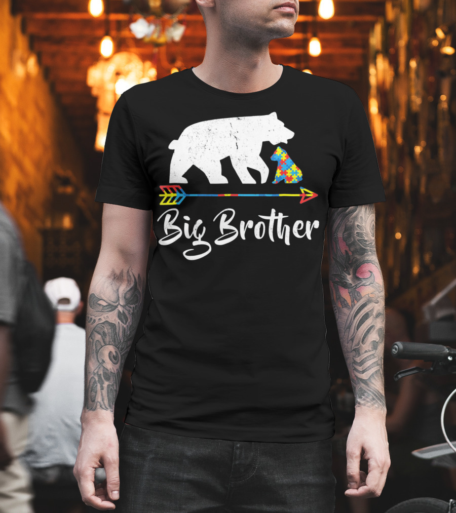 Big Brother Bear Autism Awareness Puzzle Pattern Arrow T-Shirt