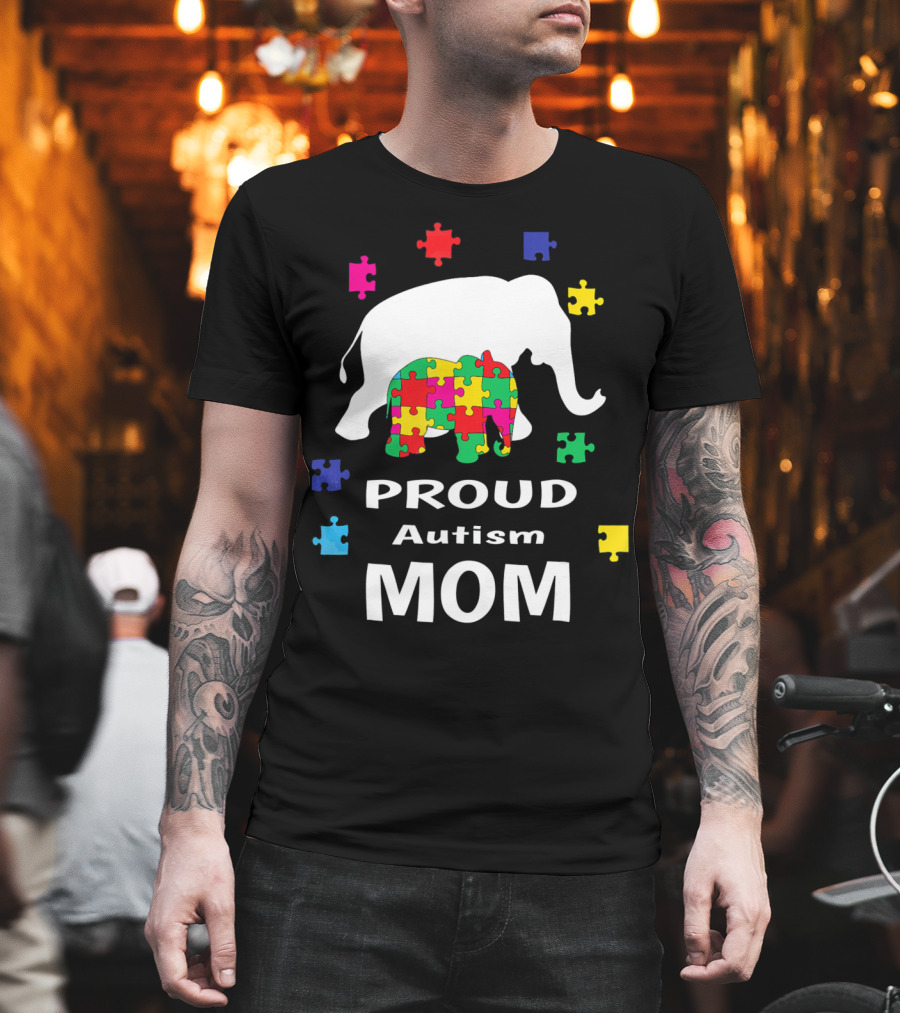 Proud Autism Mom Elephant Puzzle Piece Awareness T-Shirt