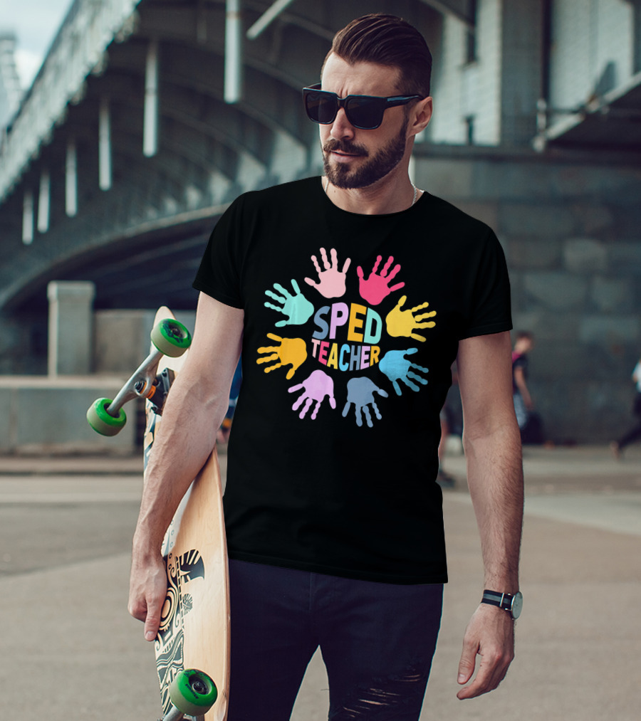 SPED Teacher Colorful Handprint Autism Puzzle Awareness T-Shirt