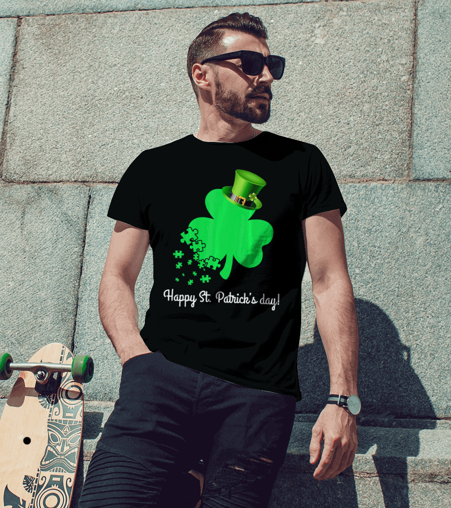 Happy St. Patrick's Day Shamrock With Puzzle Pieces Autism Awareness T-Shirt