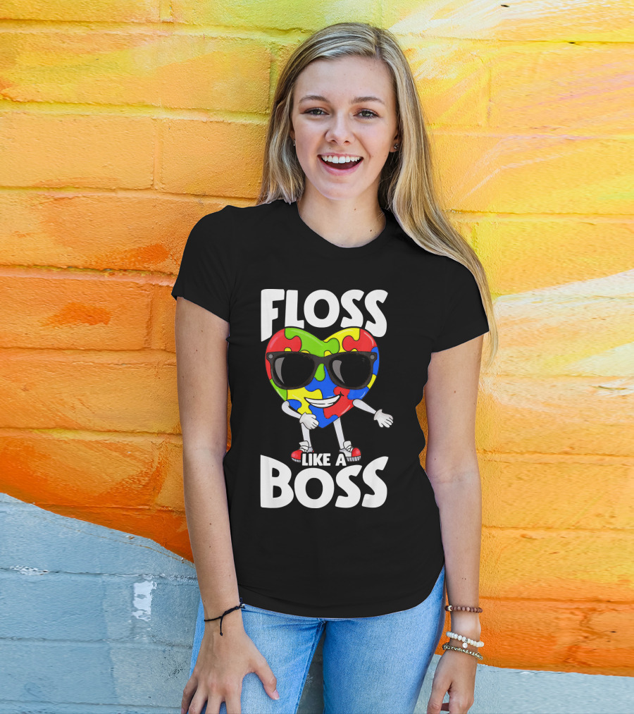 Autism Awareness Floss Like A Boss Puzzle Heart Wearing Sunglasses T-Shirt