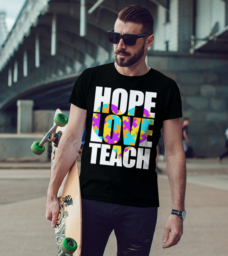 Hope Love Teach Cute Autism Awareness Puzzle Heart T-Shirt