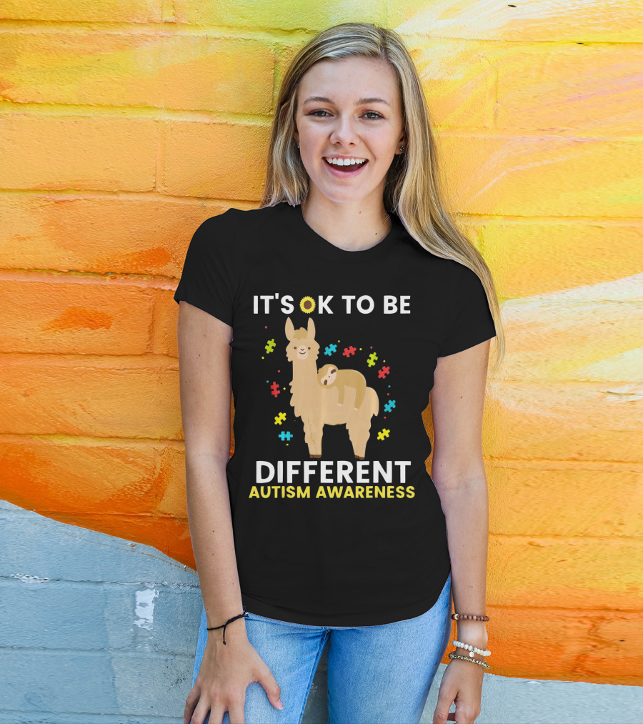 It's OK To Be Different Llama Sloth Autism Awareness T-Shirt