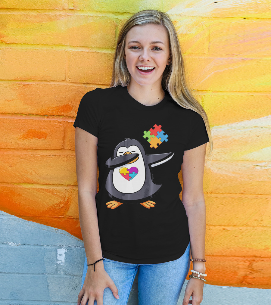 Penguin Dab Puzzle Piece Heart Autism Awareness T-Shirt