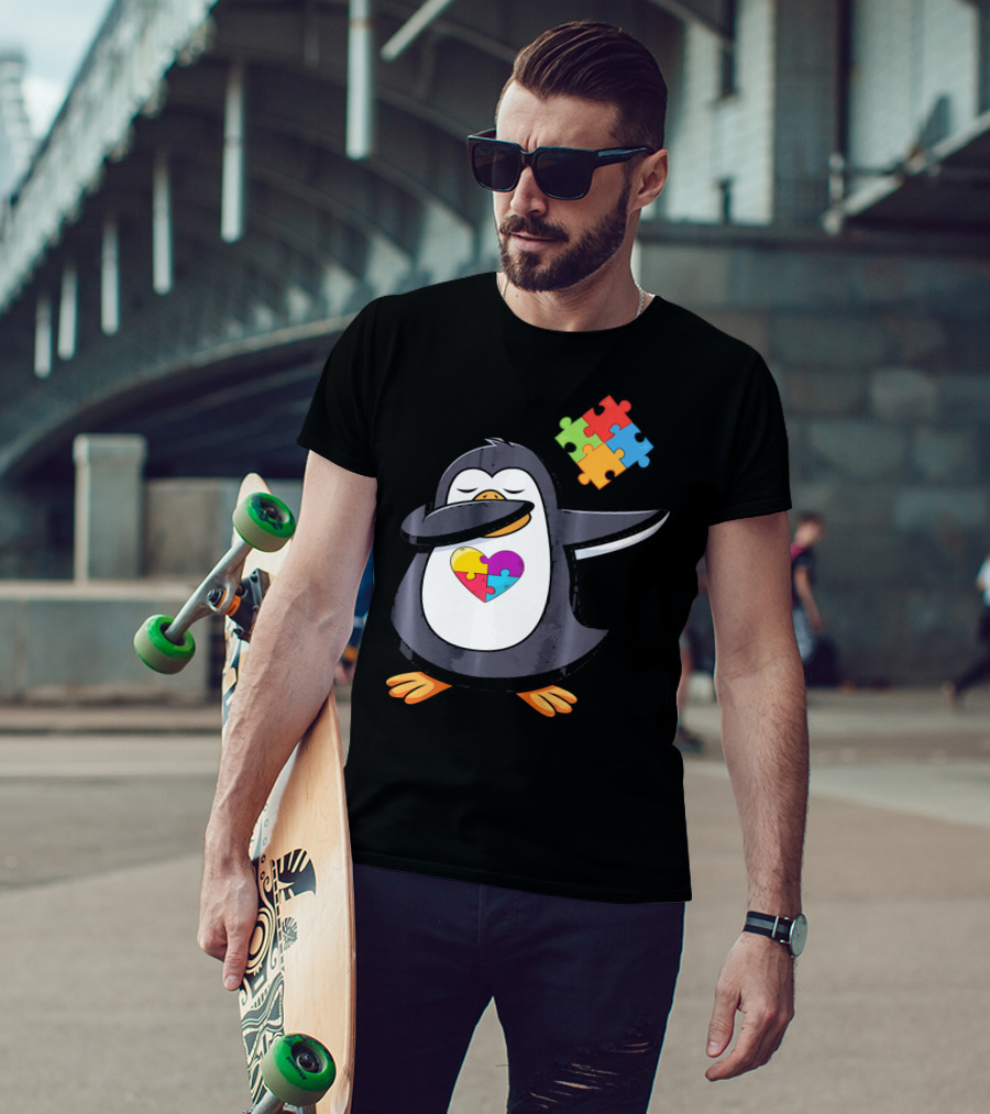 Penguin Dab Puzzle Piece Heart Autism Awareness T-Shirt