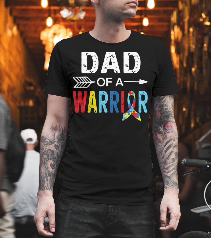 Dad Of A Warrior Autism Awareness Puzzle Ribbon Arrow T-Shirt