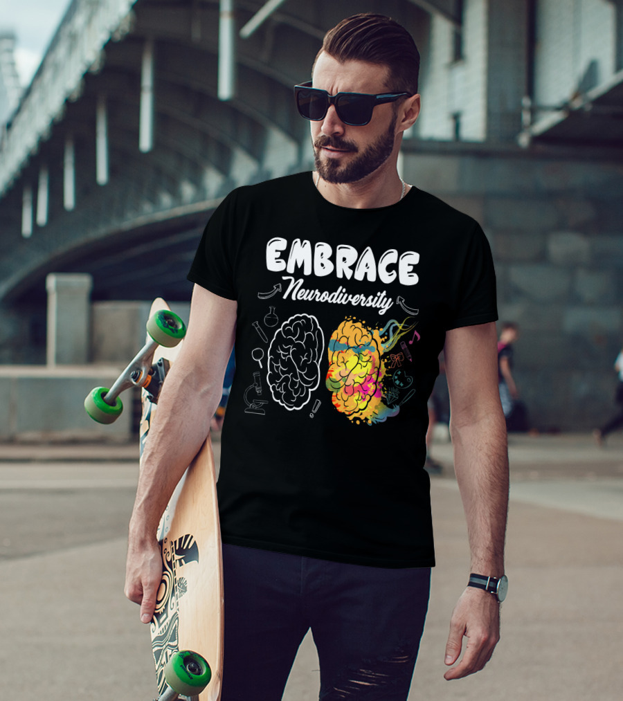 Embrace Neurodiversity Brain Autism Awareness Colorful Science Music Art Icons T-Shirt
