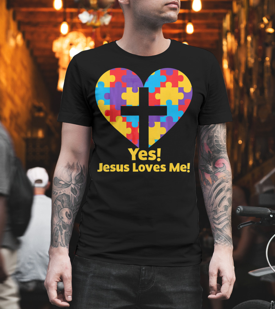 Yes Jesus Loves Me Autism Awareness Catholic Christian Cross Heart Puzzle T-Shirt