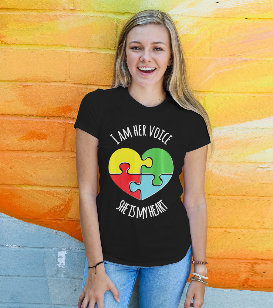 I Am Her Voice Autism Awareness She Is My Heart Puzzle Piece T-Shirt
