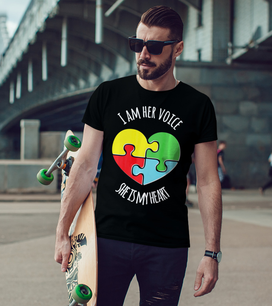 I Am Her Voice Autism Awareness She Is My Heart Puzzle Piece T-Shirt