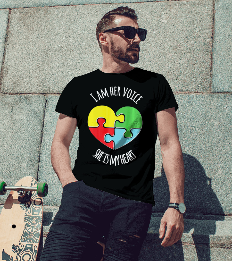 I Am Her Voice Autism Awareness She Is My Heart Puzzle Piece T-Shirt