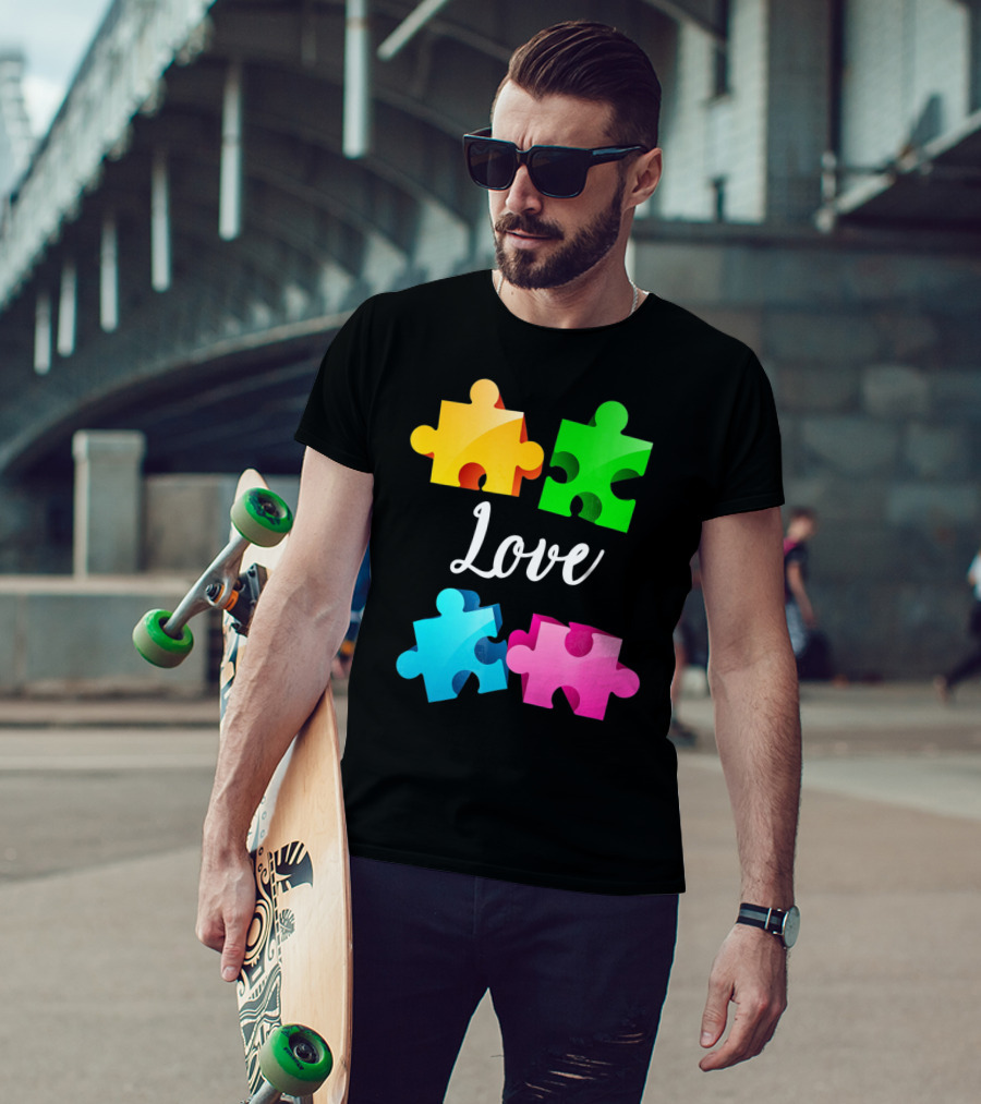 Autism Awareness Love With Colorful Puzzle Pieces T-Shirt