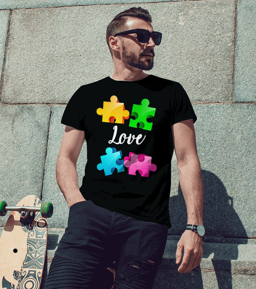 Autism Awareness Love With Colorful Puzzle Pieces T-Shirt