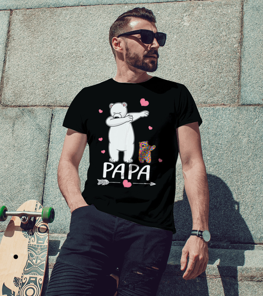 Papa Bear Dabbing With Autism Awareness Puzzle Bear And Hearts T-Shirt