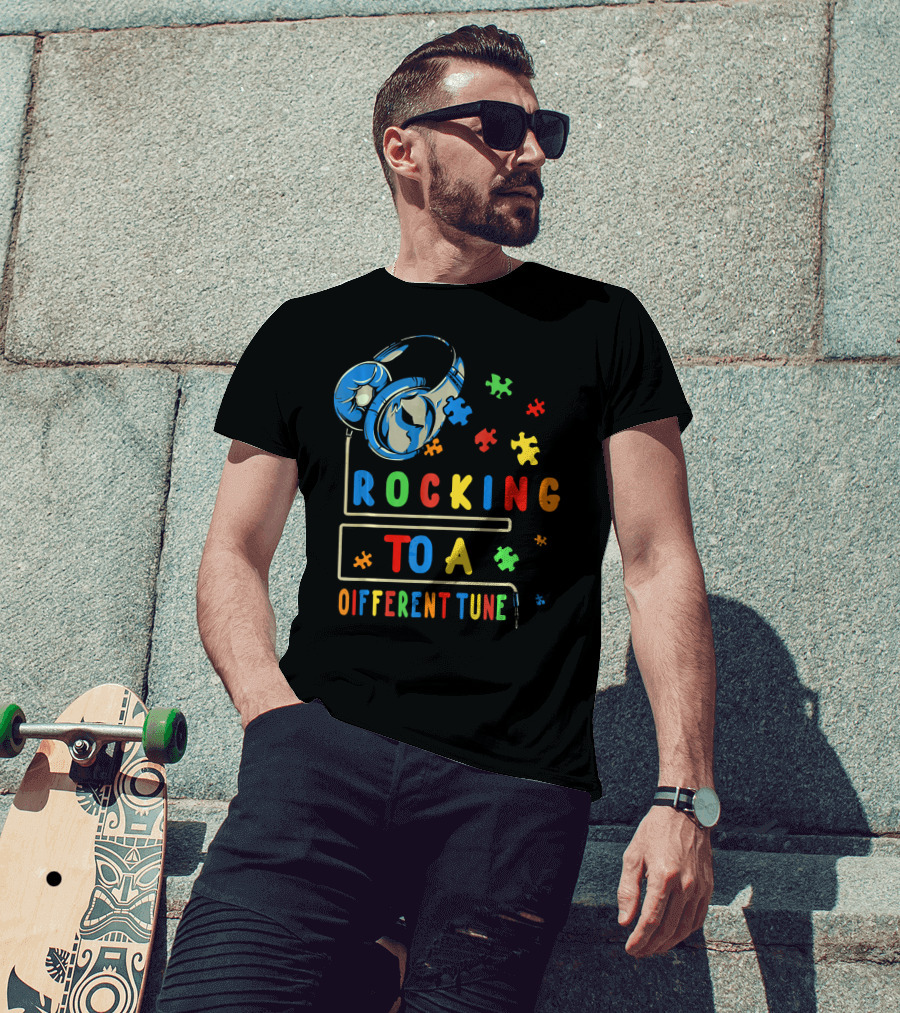Rocking To A Different Tune Autism Awareness Headphones Puzzle Pieces T-Shirt