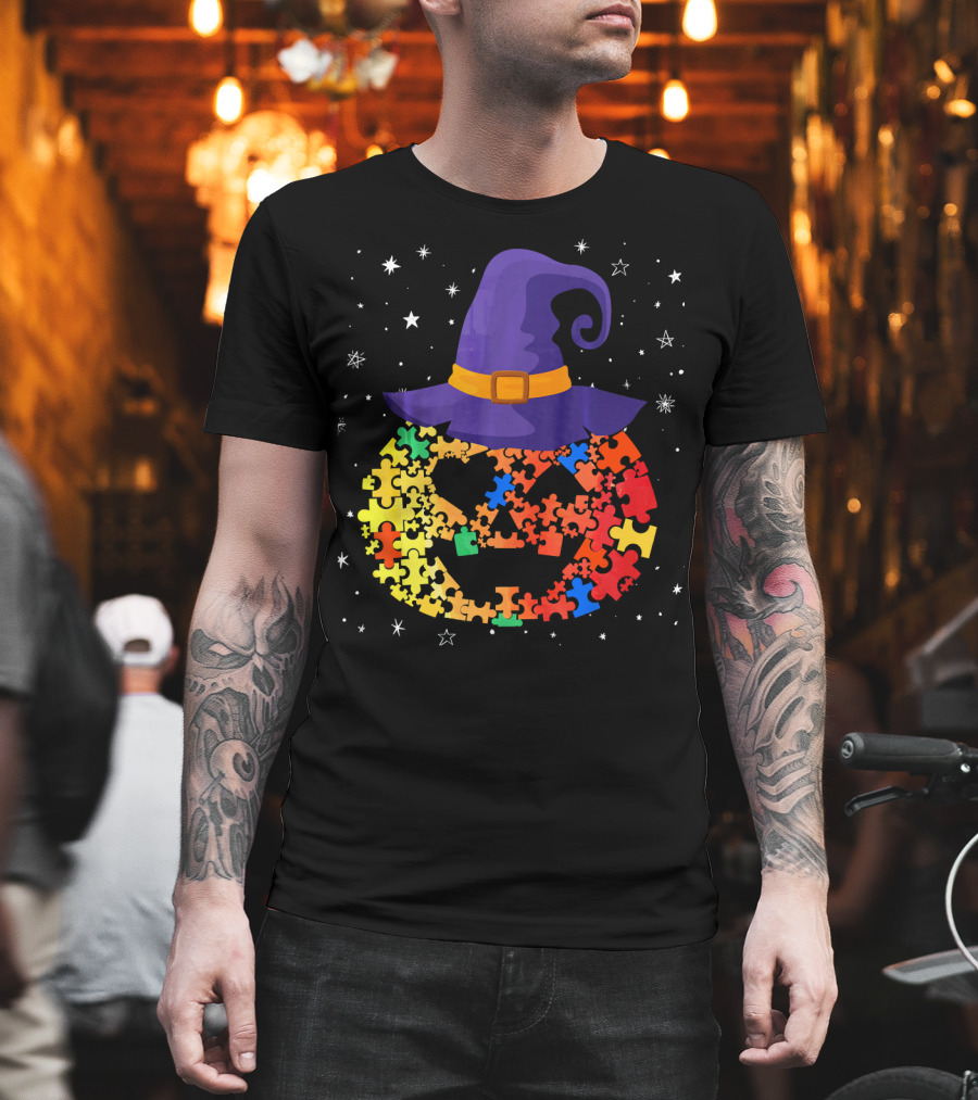 Pumpkin Autism Awareness Halloween Witch Hat Puzzle Piece T-Shirt