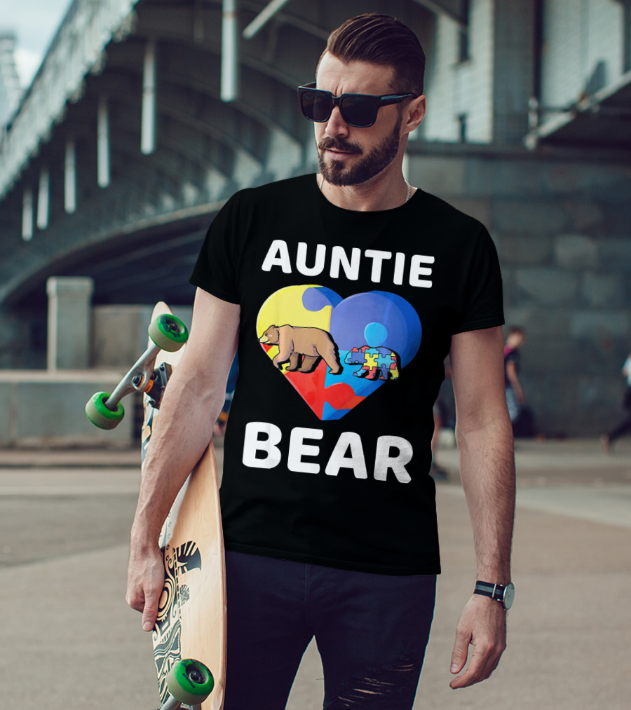 Auntie Bear Heart Puzzle Autism Awareness T-Shirt