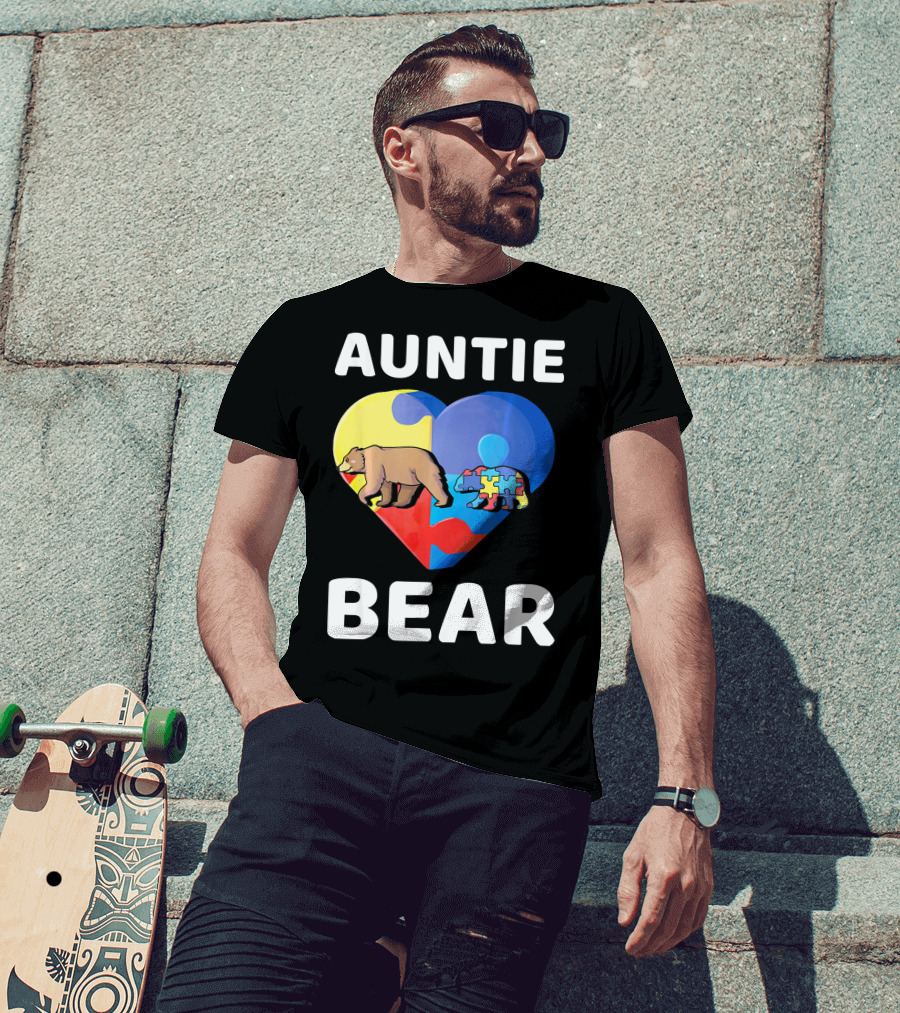 Auntie Bear Heart Puzzle Autism Awareness T-Shirt