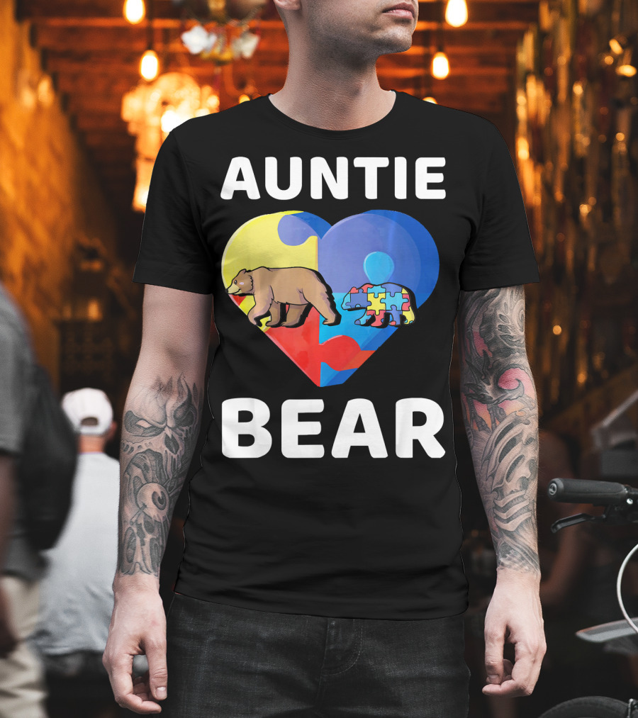 Auntie Bear Heart Puzzle Autism Awareness T-Shirt