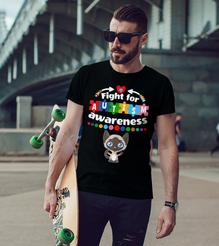 Fight For Autism Awareness Cat Puzzle Heart T-Shirt