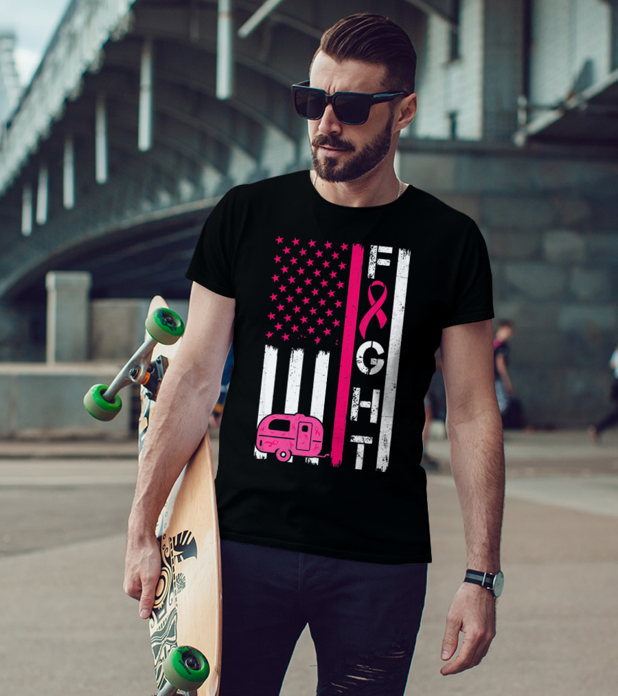 Fight Cancer Ribbon Camping Van American Flag T-Shirt