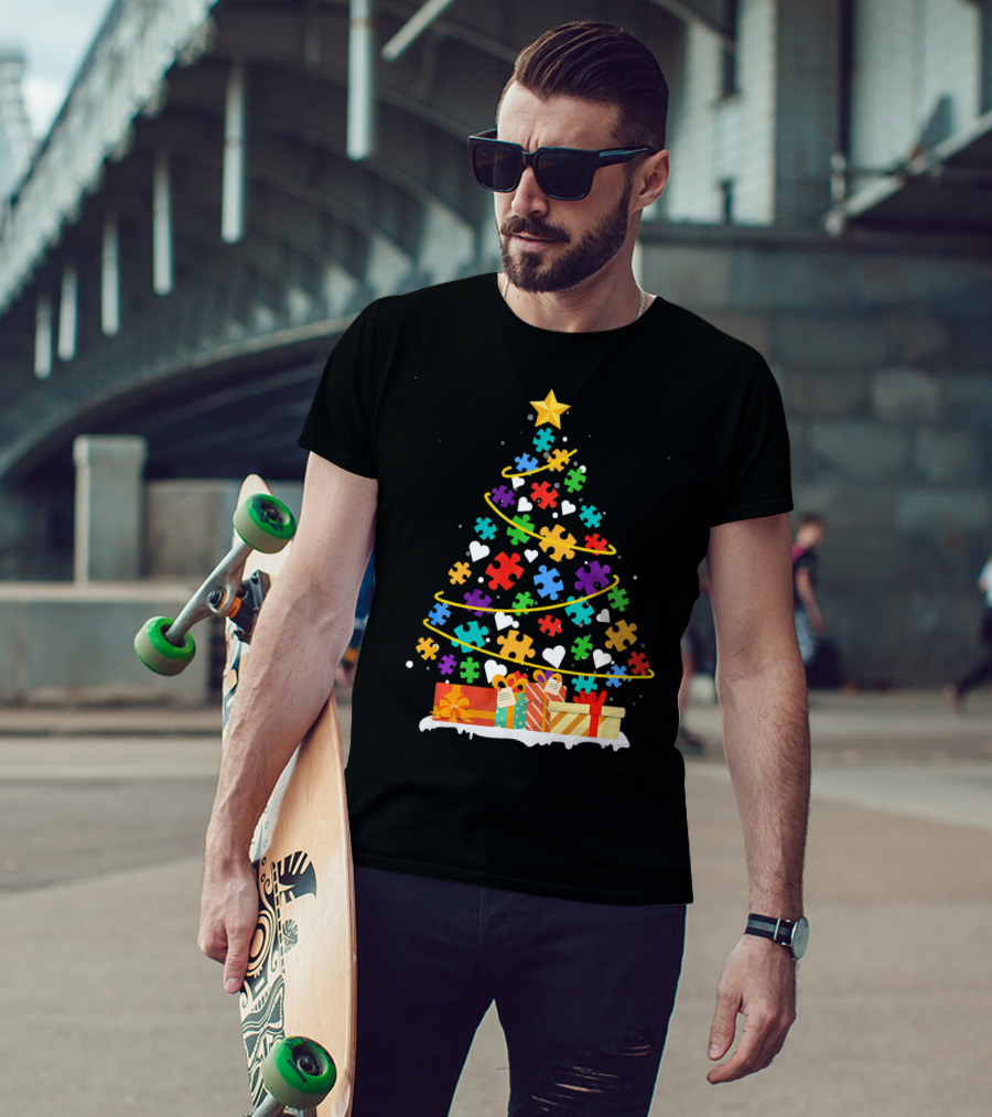 Autism Awareness Puzzle Piece Christmas Tree With Gifts And Hearts T-Shirt