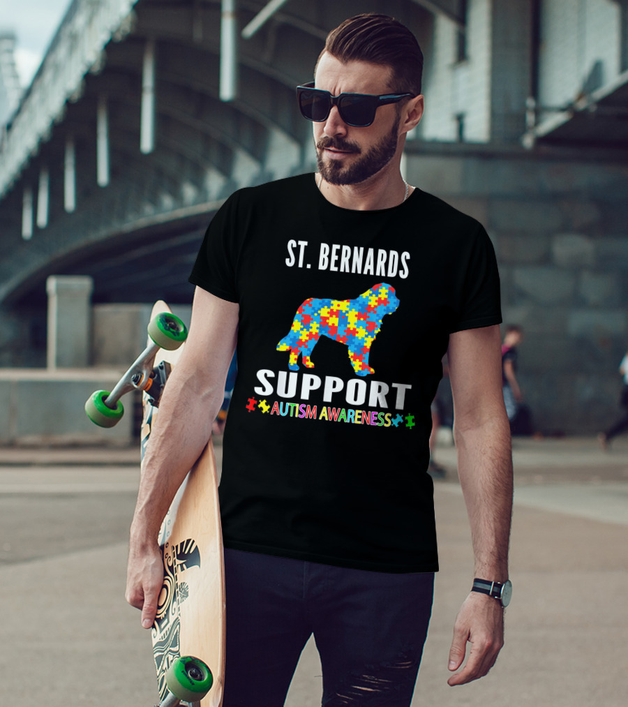 St. Bernards Support Autism Awareness Puzzle Piece Dog T-Shirt