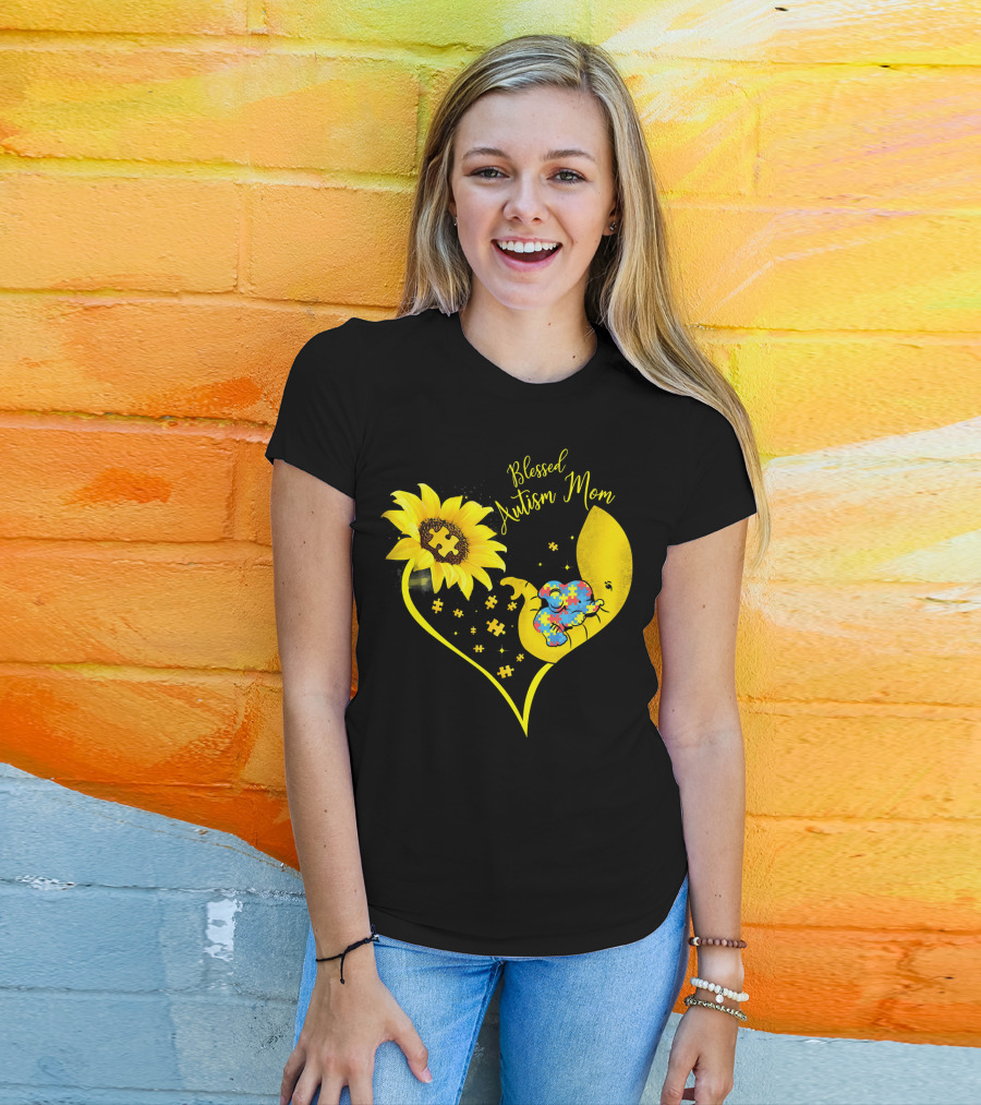 Blessed Autism Mom Sunflower Elephant Puzzle Heart T-Shirt