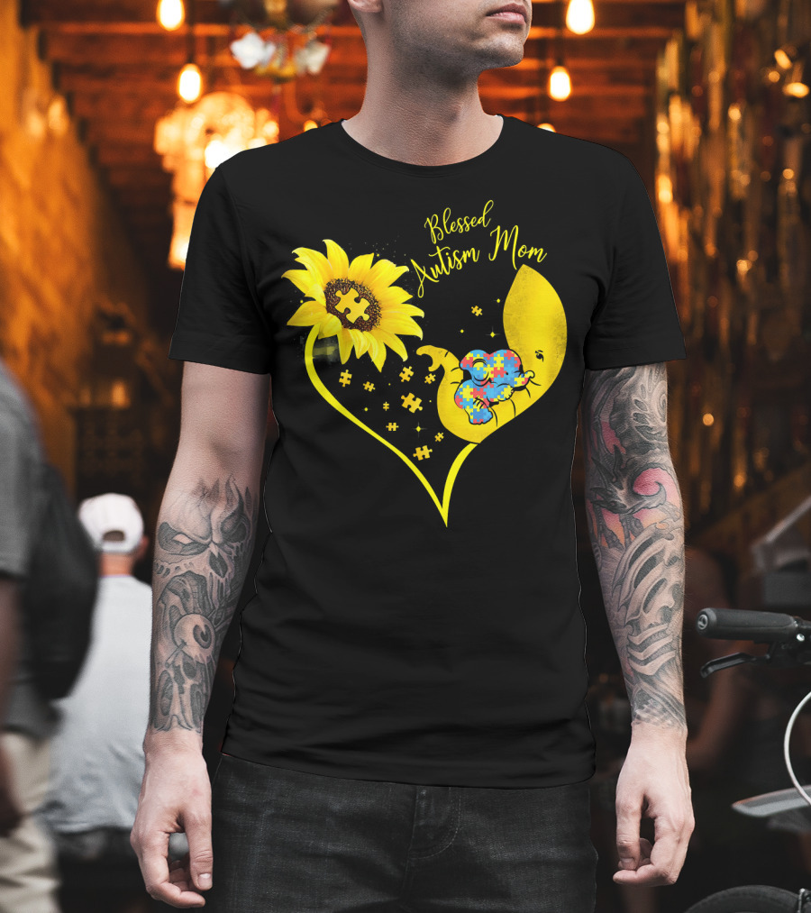 Blessed Autism Mom Sunflower Elephant Puzzle Heart T-Shirt