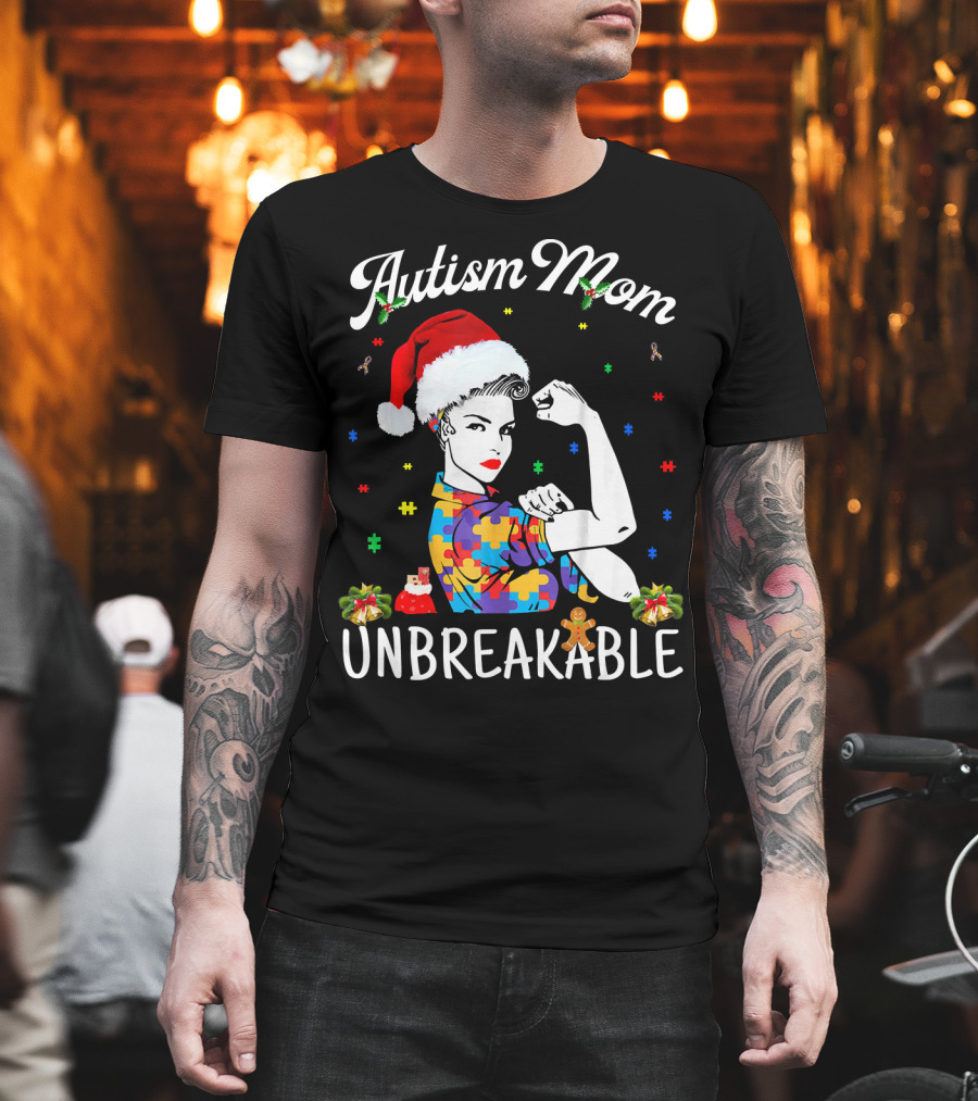 Autism Mom Unbreakable Santa Christmas Pride Puzzle Pieces T-Shirt