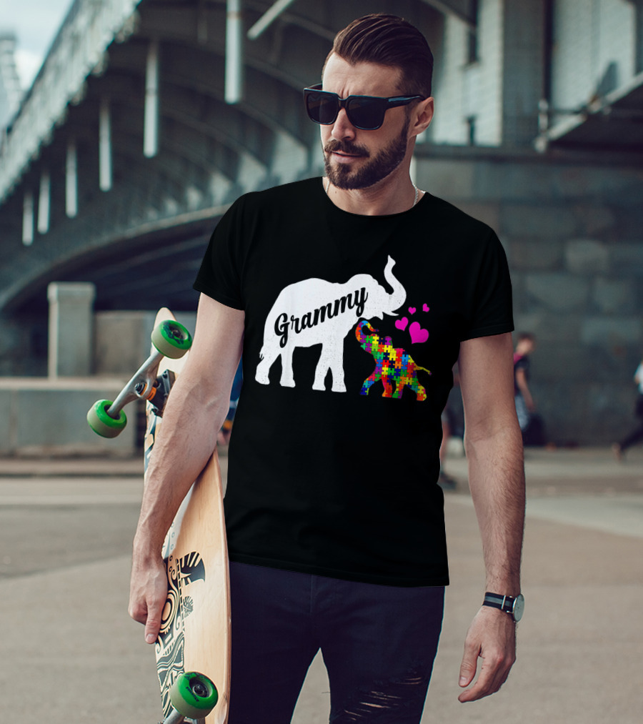 Grammy Elephant With Colorful Puzzle Piece Baby And Hearts For Autism Awareness T-Shirt