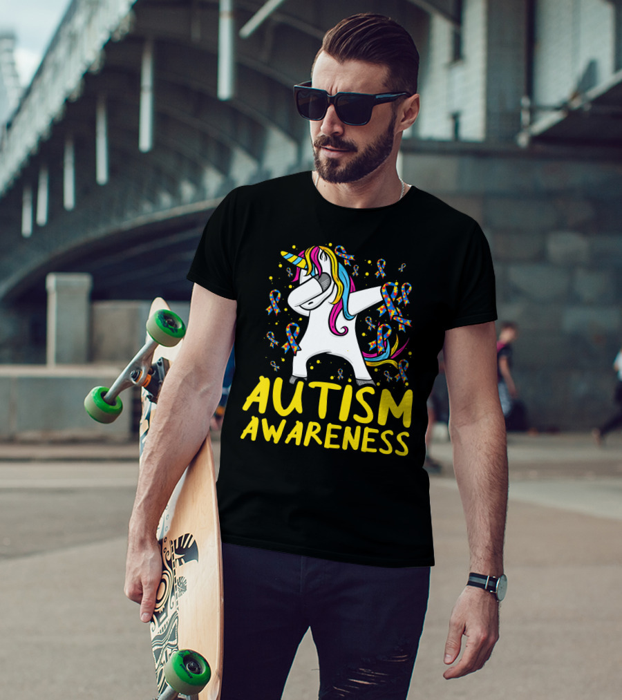 Dabbing Unicorn Puzzle Ribbon Autism Awareness T-Shirt