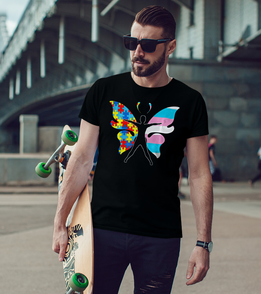 Autism Awareness Puzzle Butterfly With Transgender Flag Wings T-Shirt